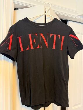 Valentino Black Short Sleeve Tee with Red Logo Print